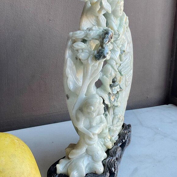 Jadeite Carving of "Two Immortals" Hehe Erxian on a carved wood base Antique - Picture 6 of 13